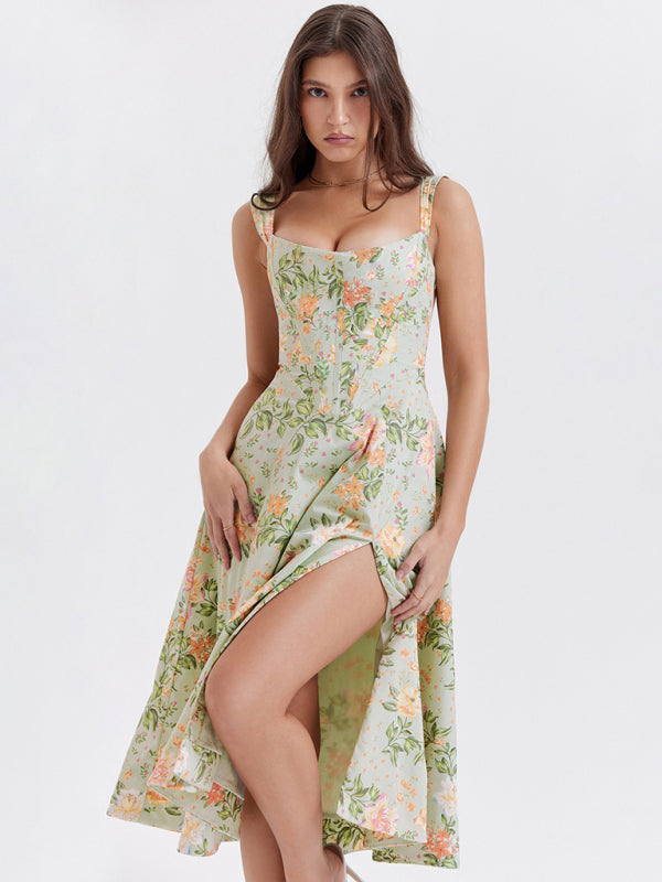 Women's Slim Suspender Slit Floral Dress