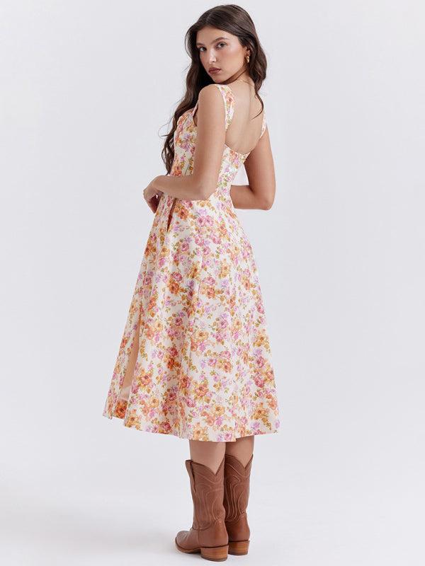 Women's Slim Suspender Slit Floral Dress