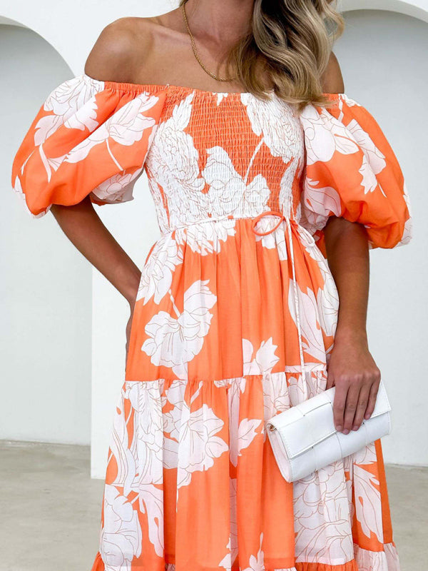 Women's Elegant Printed One Shoulder Puff Sleeve Dress
