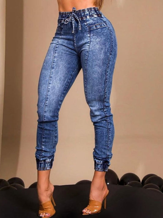 Women's elastic waist tie slim fit jeans