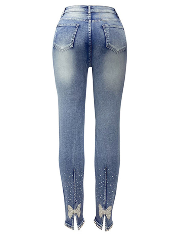 Women's washed beaded pencil jeans
