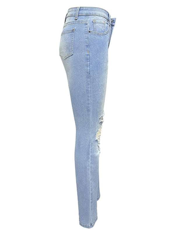 Women's washed ripped high-waisted wide-leg jeans