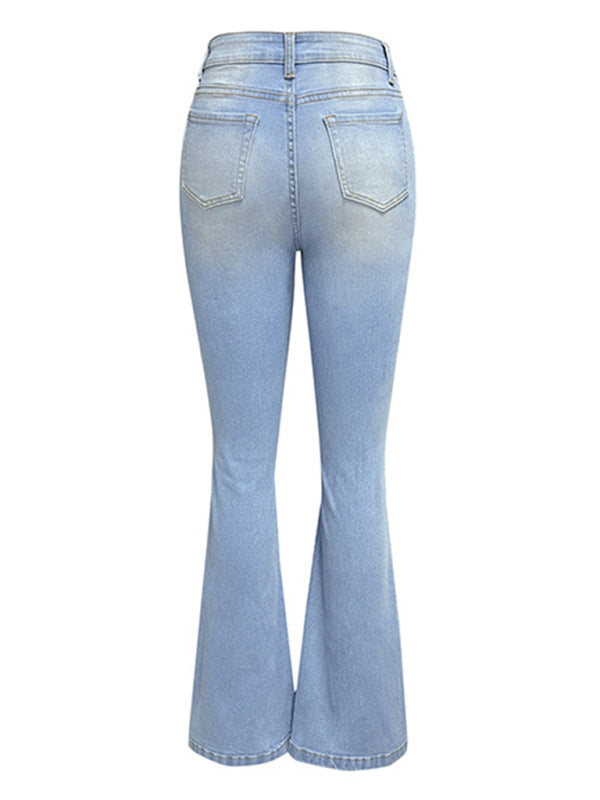 Women's washed ripped high-waisted wide-leg jeans