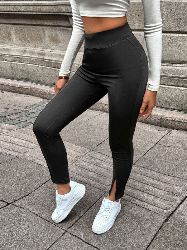 Women's casual solid color slim fit front slit leggings