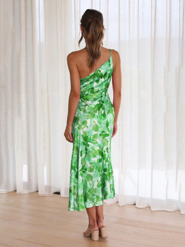 Women's slant neck fishtail print suspender dress