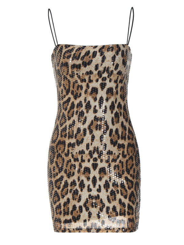 Leopard Print Street Versatile Suspender Sequin Dress