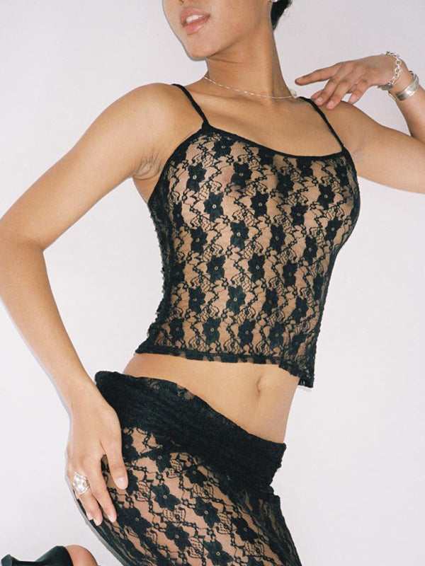 Women's suspender lace lace-up see-through vest