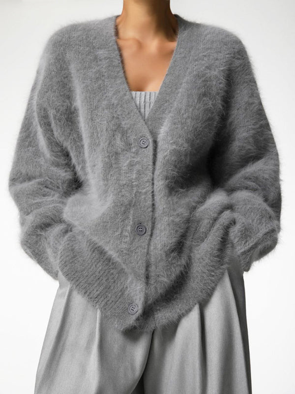 Women's lazy loose long-sleeved V-neck sweater knitted cardigan