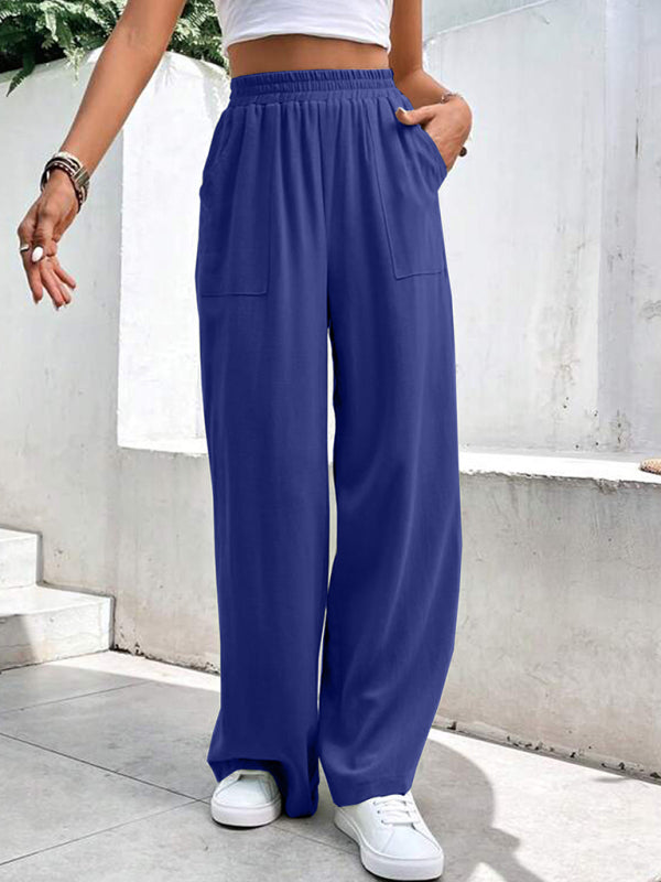 Mid-waist straight loose sports solid color pocket casual trousers