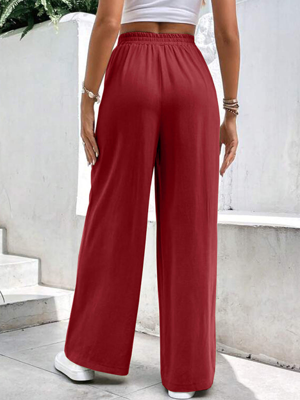 Mid-waist straight loose sports solid color pocket casual trousers