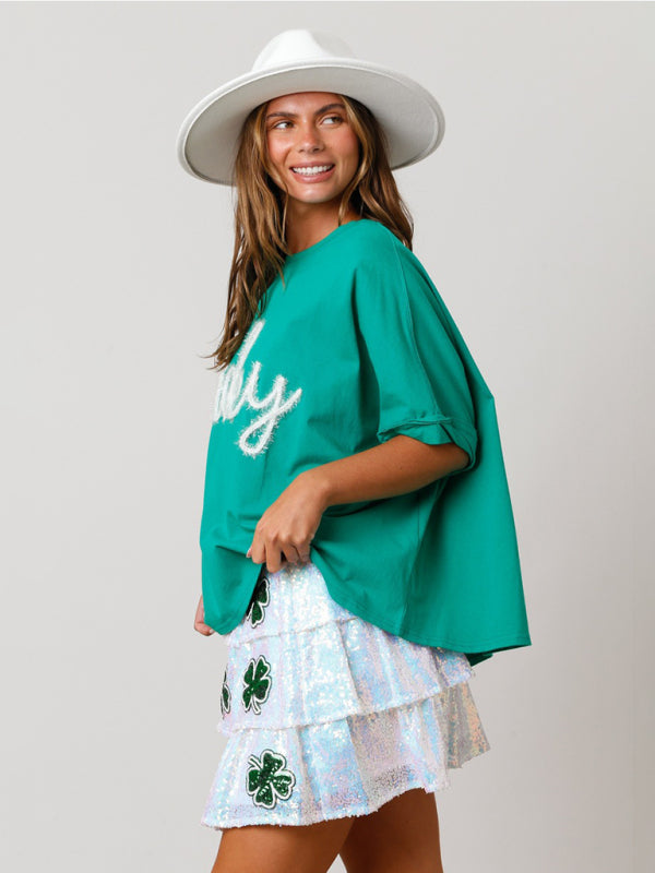 Women's St. Patrick's lucky sequined top loose T-shirt