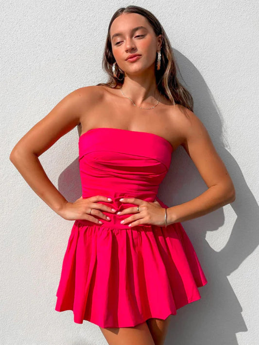 Women's strapless pleated solid color short dress