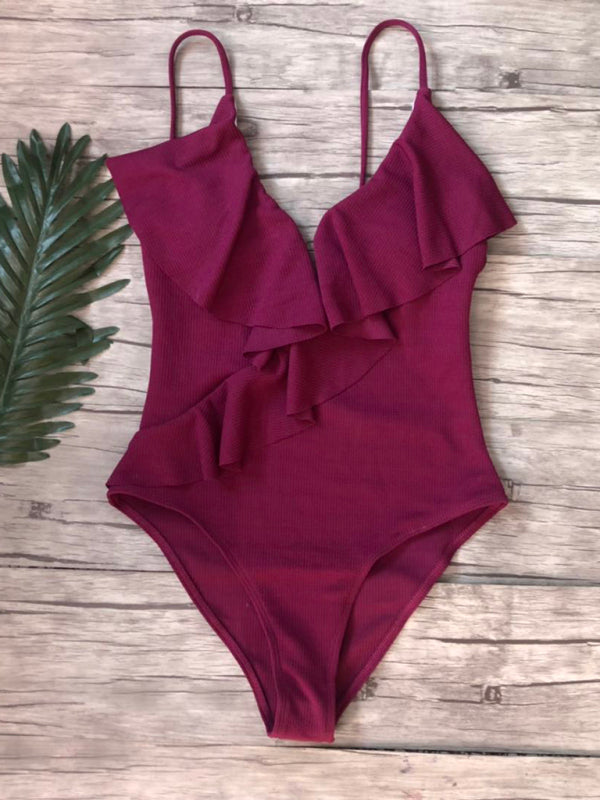 Solid color one-piece ruffled shoulder swimsuit