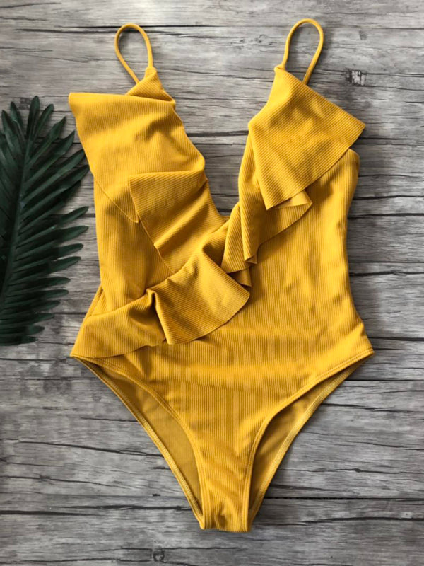 Solid color one-piece ruffled shoulder swimsuit