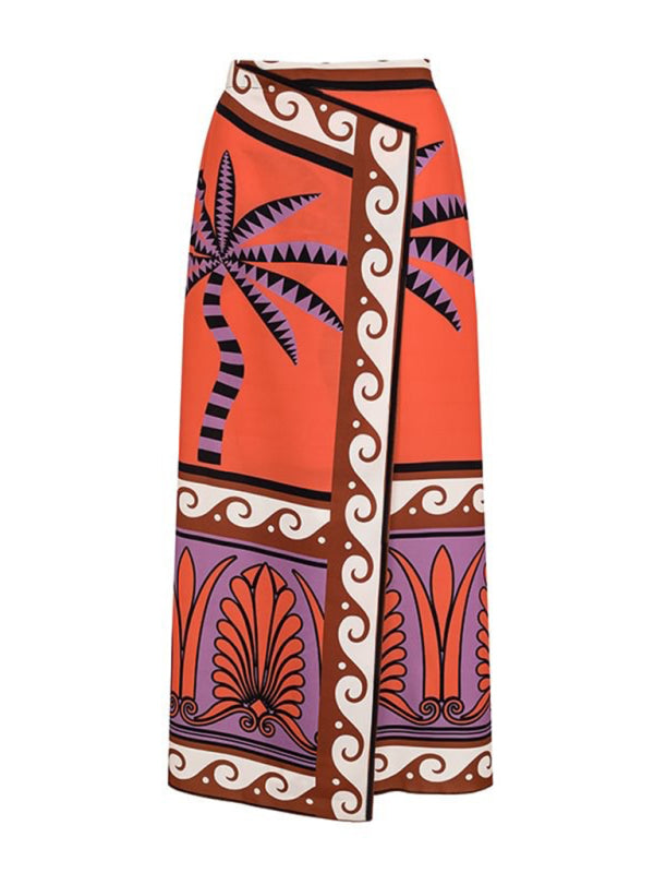 Strapless printed one-piece swimsuit with matching skirt