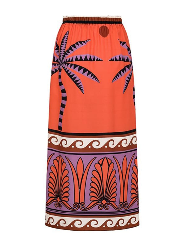 Strapless printed one-piece swimsuit with matching skirt