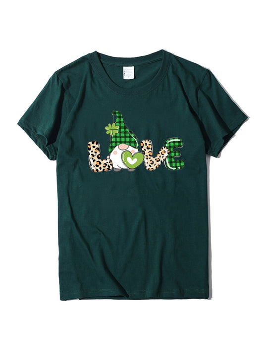 Women's leopard print love + clover print St. Patrick's Day short-sleeved T-shirt