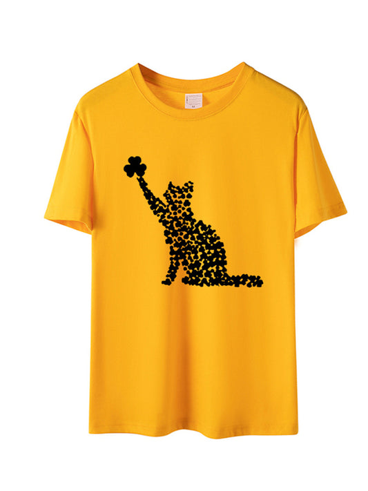 Women's T-shirt cat clover print short-sleeved T-shirt