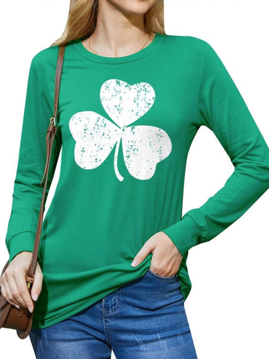 Women's Green Clover Print Long Sleeve Crew Neck Knitted Top