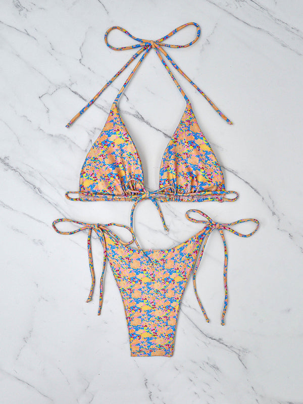 Small floral lace-up bikini beach split swimsuit