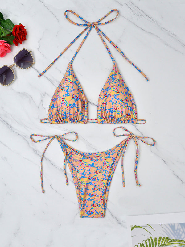 Small floral lace-up bikini beach split swimsuit