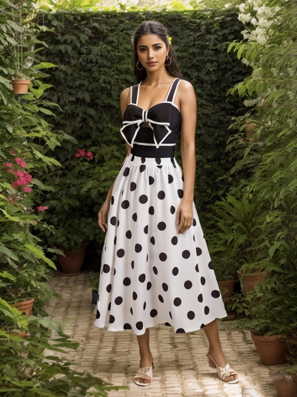 Vacation bow one-piece swimsuit + polka dot print skirt (single piece)