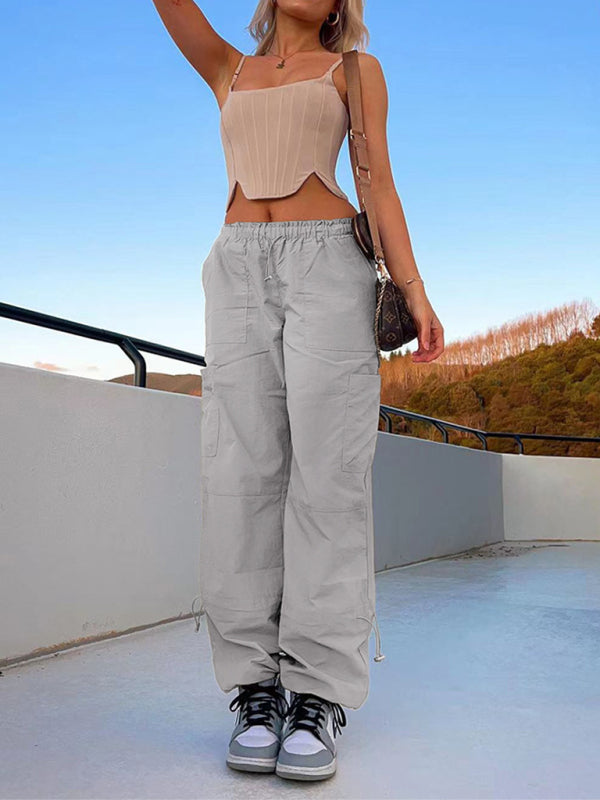 Loose strapped multi-pocket straight cargo casual pants