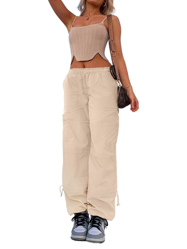 Loose strapped multi-pocket straight cargo casual pants