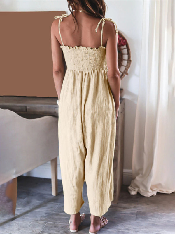 Women's High Waist Solid Color Suspender Sleeveless Smocked Jumpsuit