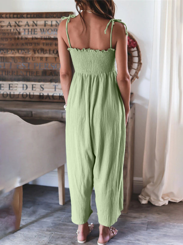 Women's High Waist Solid Color Suspender Sleeveless Smocked Jumpsuit