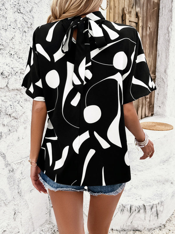 Stand collar casual loose printed short sleeve top