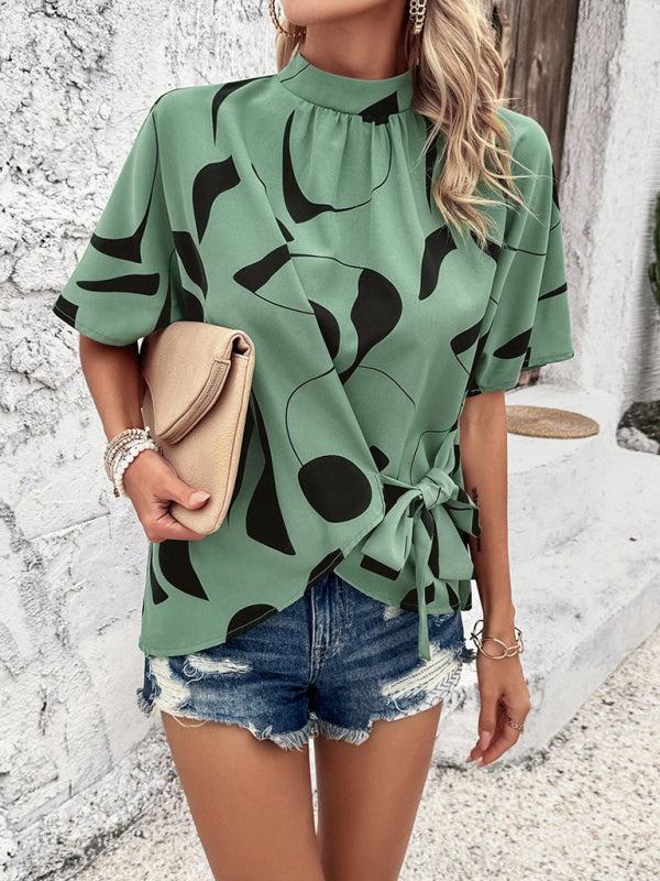 Stand collar casual loose printed short sleeve top