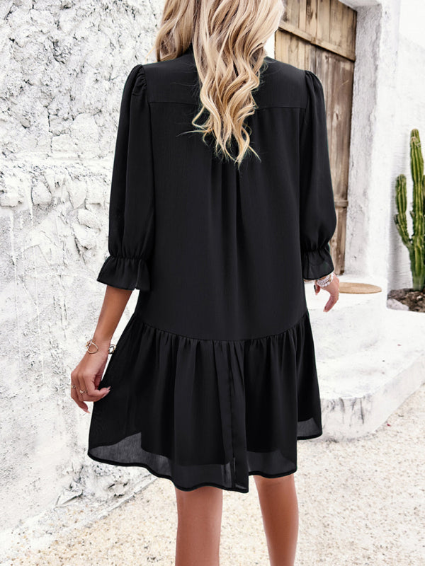 Solid color casual V-neck mid-sleeve dress