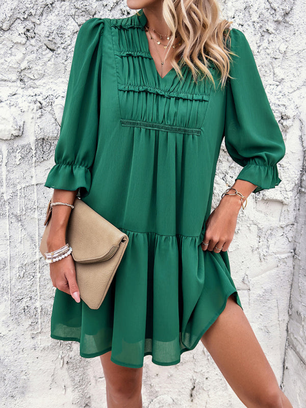 Solid color casual V-neck mid-sleeve dress