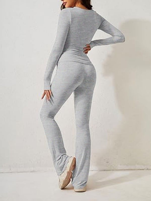 Women's Casual Solid Color Slim Long Sleeve Set