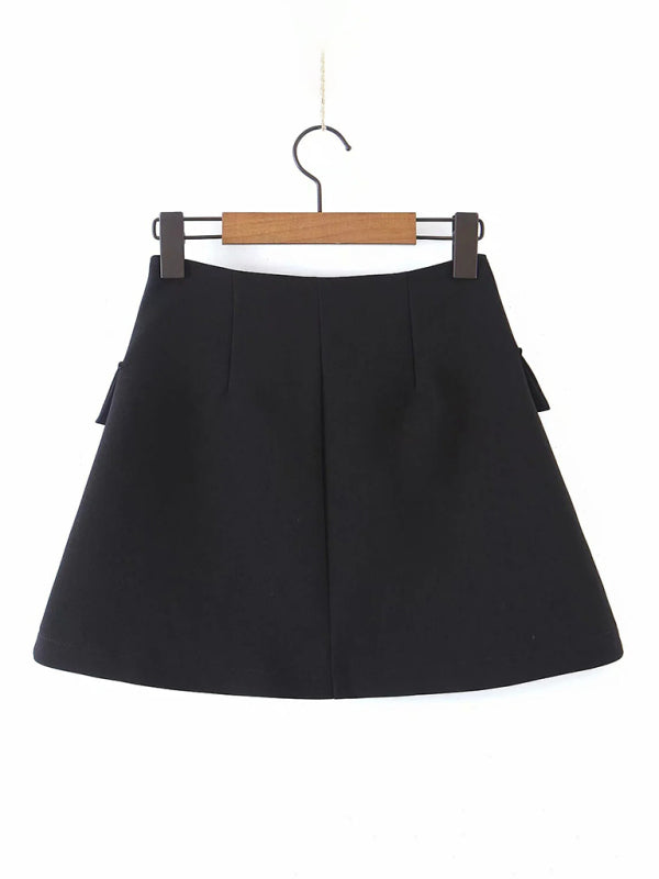 Diagonal button short blazer + high waist pocket skirt suit