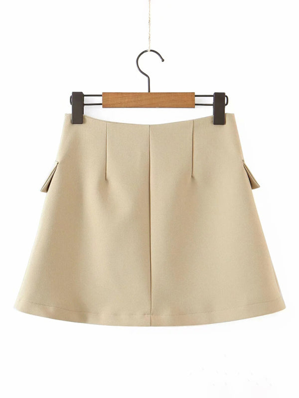 Diagonal button short blazer + high waist pocket skirt suit
