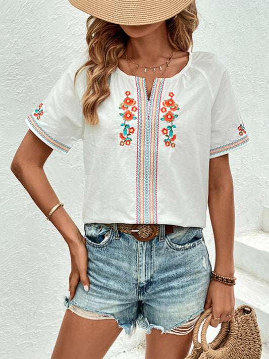 Women's casual V-neck embroidered shirt