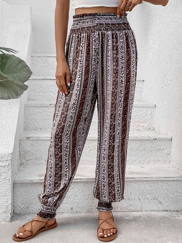 Women's elastic ethnic style high waist printed trousers