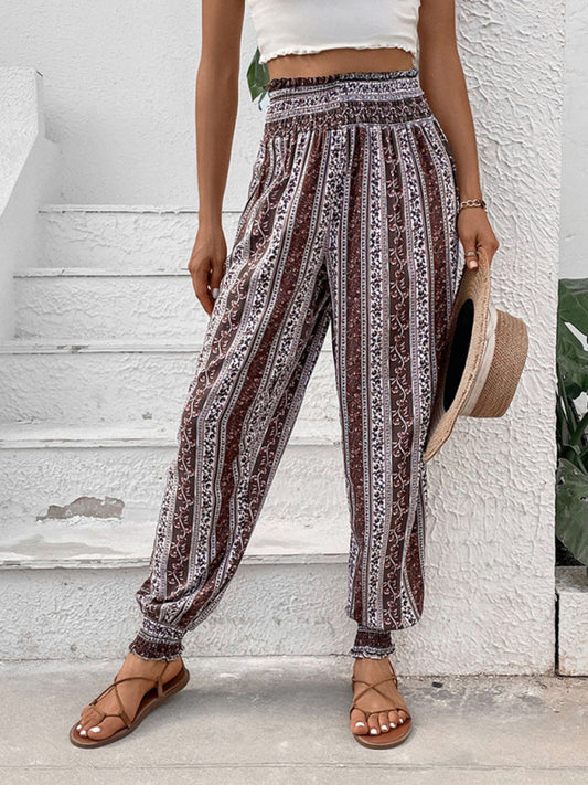 Women's elastic ethnic style high waist printed trousers