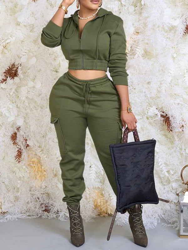 Stylish solid color hooded lace-up trousers two-piece set