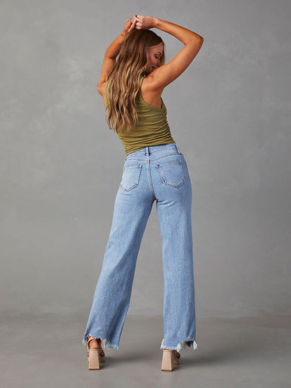 Ladies Loose Casual Simple Tassel Straight Jeans