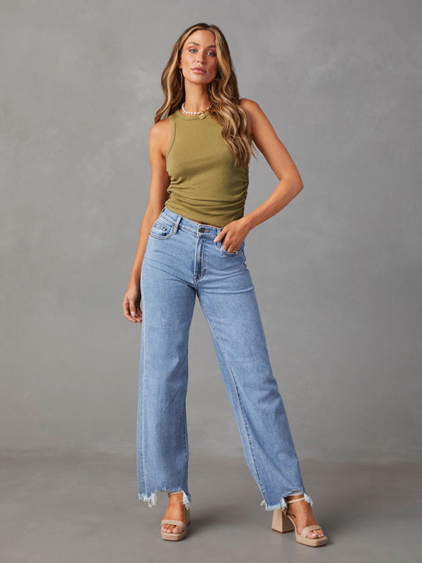 Ladies Loose Casual Simple Tassel Straight Jeans