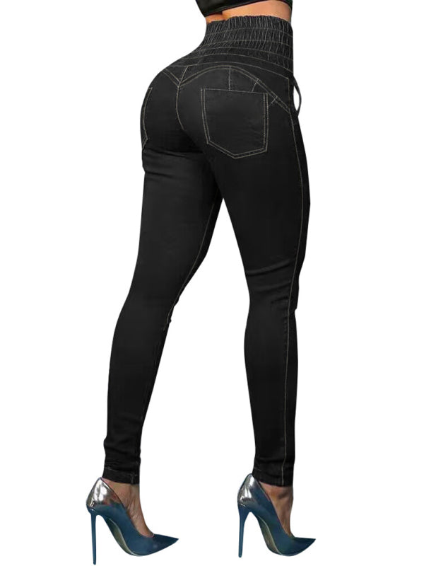 High-waisted butt-lifting strappy slim-fitting jeans