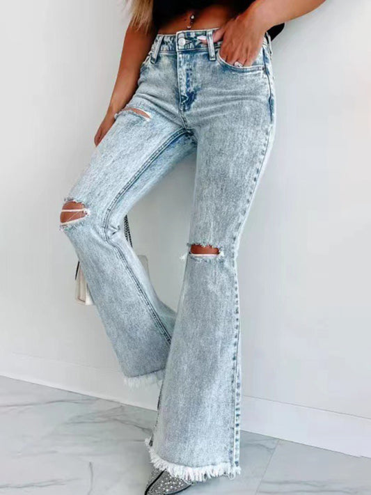 Women's Long Ripped Flares Washed High Waist Jeans