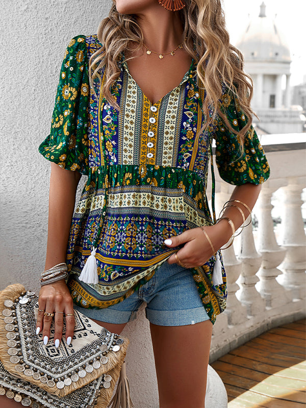 Women's tassel V-neck printed casual resort style blouse