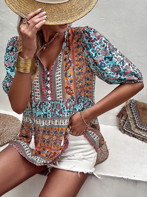 Women's tassel V-neck printed casual resort style blouse