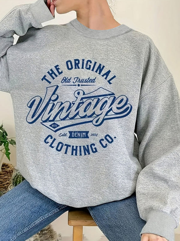Vintage print round neck long sleeve sweatshirt
