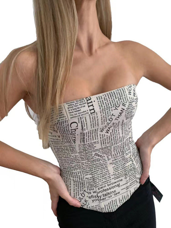 One-shoulder newspaper printed irregular joint waistband tube top