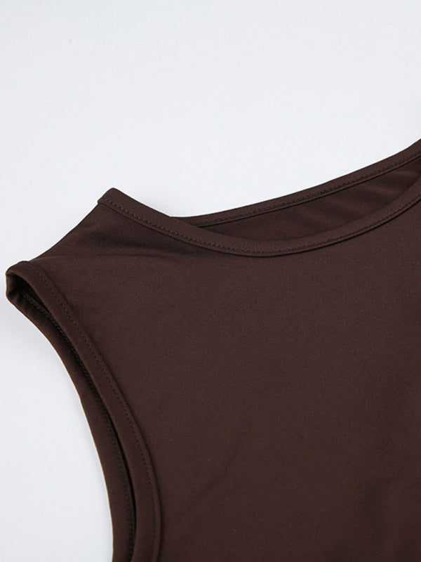 Versatile irregular hollow solid color sleeveless top